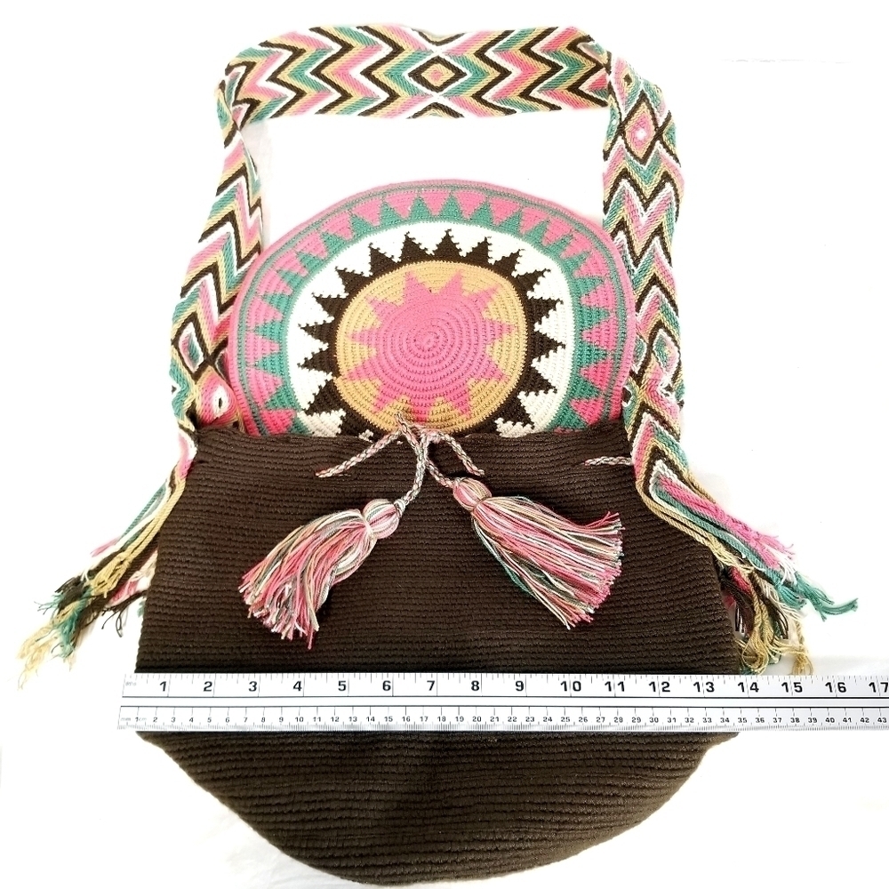 Handmade Crochet Colorful Bohemian Crossbody Shoulder Bucket Bag With Flap Cover - Picture 9 of 12